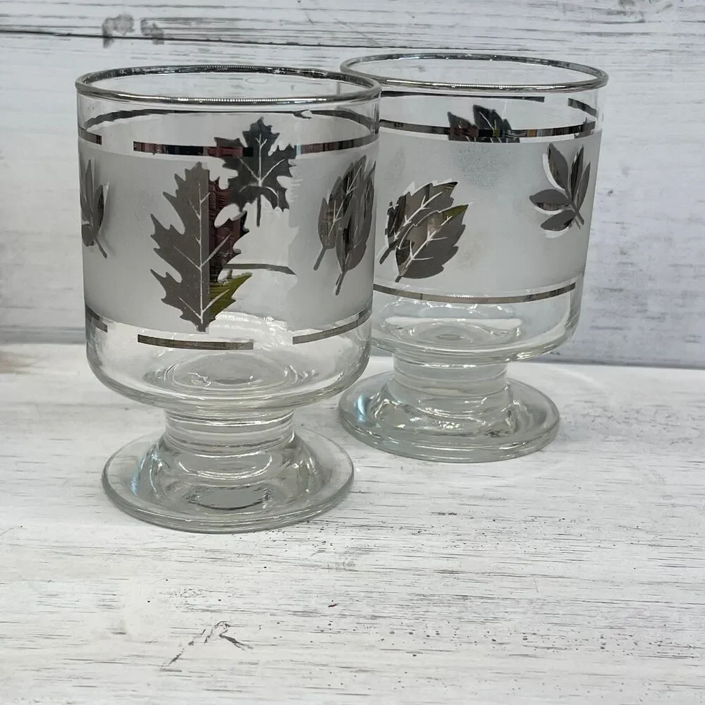 MCM Vintage Frosted Libbey Footed Juice Glasses Silver Leaf Pattern Low-Ball